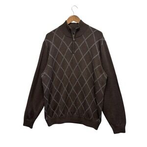 Brooks Brothers 1/4 Zip Sweater Mens Sz XL Brown Argyle 100% Italian Merino Wool